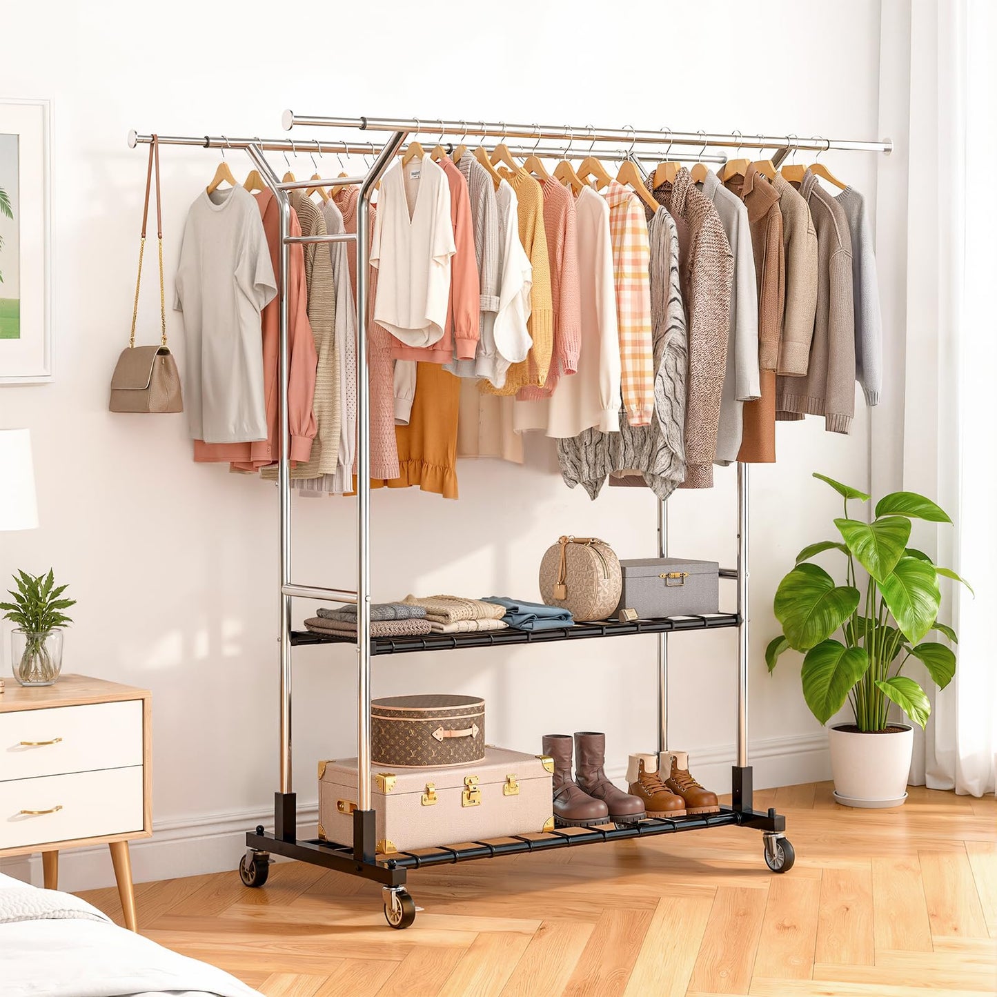 Luxspire Heavy Duty Clothes Rack Load 650 LBS, Double Rod Clothing Racks for Hanging Clothes, Rolling Garment Racks with Lockable Wheels, Shelves, Adjustable Laundry Hanging Rack, Silver