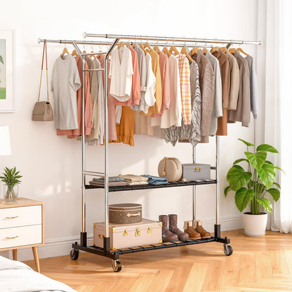 Luxspire Heavy Duty Clothes Rack Load 650 LBS, Double Rod Clothing Racks for Hanging Clothes, Rolling Garment Racks with Lockable Wheels, Shelves, Adjustable Laundry Hanging Rack, Silver
