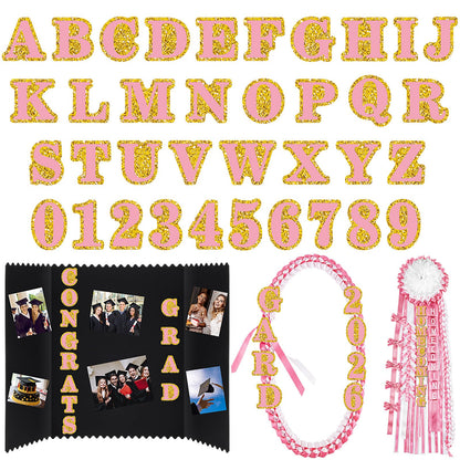 FunooFuno 72 Pcs Glitter 2026 Graduation Letters Numbers Cardstock Shiny Crafts Alphabet with Adhesive Dots for Graduation Trifold Photo Board Grad Leis Homecoming Mums DIY Supplies(Pink Gold)