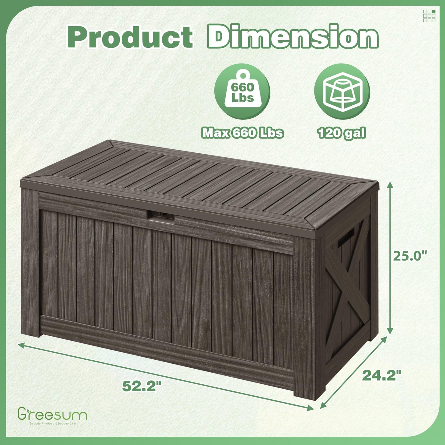 Greesum Outdoor Storage Box 120 Gallon Storage Bin with Lid for Patio Furniture, Garden Tools, Pool Supplies, Lockable, Waterproof and UV Resistant, Dark Brown
