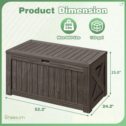 Greesum Outdoor Storage Box 120 Gallon Storage Bin with Lid for Patio Furniture, Garden Tools, Pool Supplies, Lockable, Waterproof and UV Resistant, Dark Brown