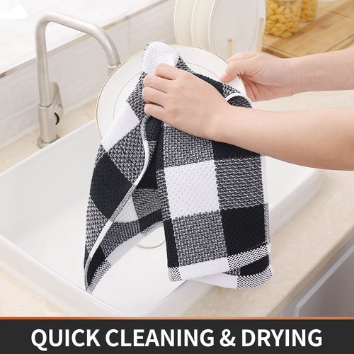 Homaxy 100% Cotton Waffle Weave Check Plaid Kitchen Towels, 13 x 28 Inches, Super Soft and Absorbent Dish Towels for Drying Dishes, 4-Pack, White & Black
