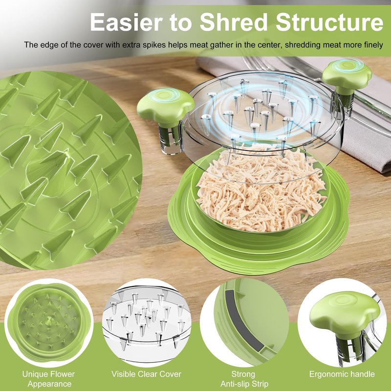 SURETIVIAN Chicken Shredder Large Chicken Breast Shredder Tool Twist with Brush&Fork, Visible Meat Shredder Machine, Anti-Slip Strip, Ergonomic Handle, BPA Free, Pork Beef Chicken(Matcha)