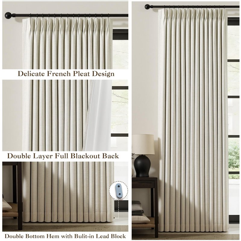 IVAPUPU Pinch Pleated Linen Blackout Curtains for Bedroom, Natural Full Black Out Curtains 84 Inches Long for Living Room Darkening Thermal Insulated Neutral Pleat Drapes with 16 Hooks, 2 Panels