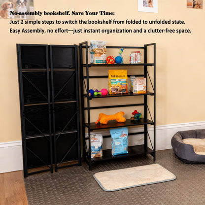 Kogven Folding Bookshelf, 2-in-1 Convertible Design, Multifunctional Plant Stand Storage Rack Shelves for Home Office, Easy Assembly, 4-Tier,Black