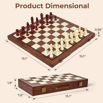 MerryPony 2 in 1 Wooden Chess and Checkers Set Magnetic – 15 inch Folding Board Game with Strong Magnetic Chess Pieces with 2 Extra Queens Portable Travel Beginner Chess Game Set for Adults Family