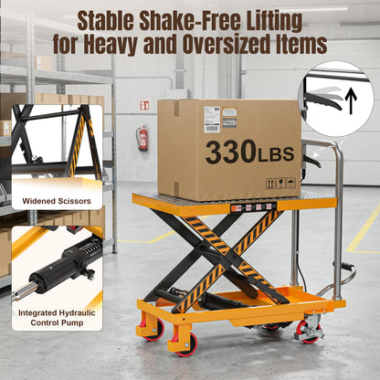 Tera Foldable Hydraulic Lift Table Cart: 330lbs Capacity 28.5" Lifting Height Single Scissor Lift with Non-Slip Pad Anti-Collision Wheels Thickened Scissors for Material Handling and Transportation