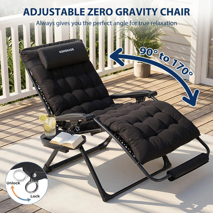 HOMSHADE Oversized Zero Gravity Chair, 33In XXL Outdoor Recliner Chair w/Removable Cushion&Headrest, Reclining Patio Chairs for Indoor, Camping Lounge Chair with Footrest, Support 500LBS, Black