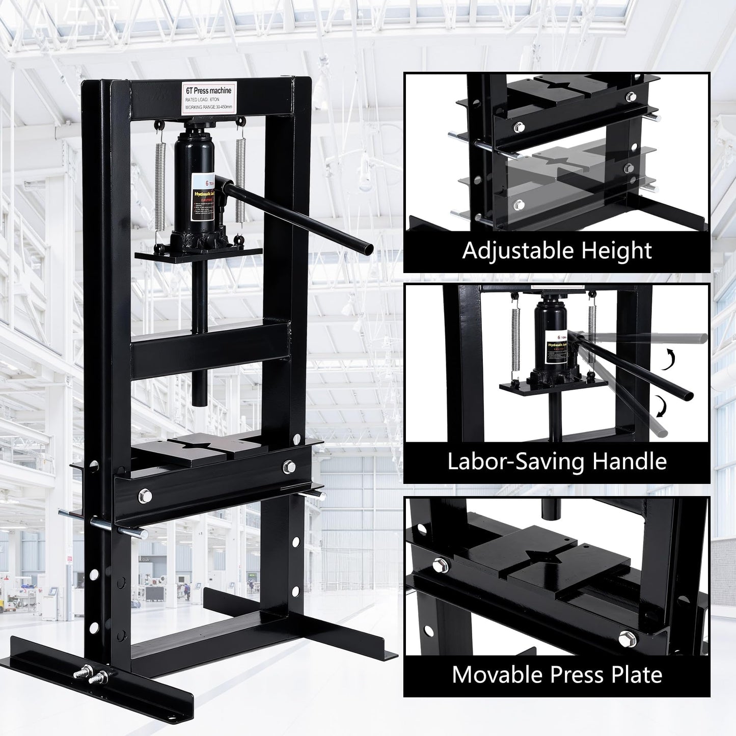 6 Ton Hydraulic h-Frame Shop Press, Heavy Duty Press with Adjustable Table & Stamping Plates for Auto Repair, Garage, Metalworking, Industrial Use - Black