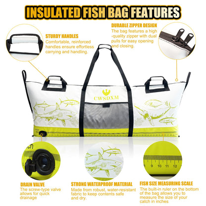 CWSDXM Insulated Fish Cooler Bag, 60'' Waterproof Leakproof Fishing Kill Bag with Drain Valve, Zipper and Heavy Duty PVC Marine Cooler for Boat Kayak Offshore Fishing, Keeps Fish Fresh Up to 48H