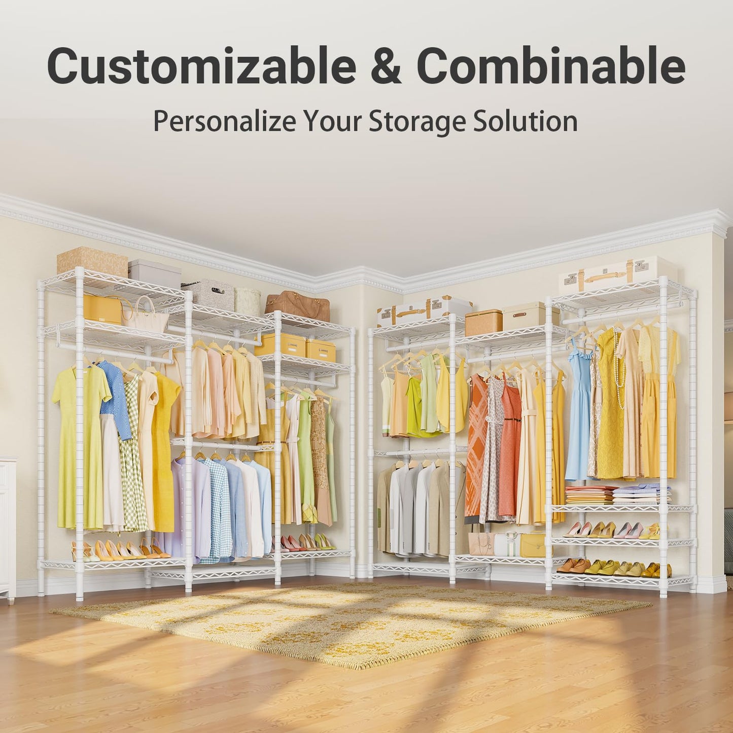 VIPEK V5 Portable Closet Wardrobe Heavy Duty Clothes Rack, Freestanding Clothing Racks with 4 Hang Rods & 8 Shelves, Adjustable Custom Closet Racks, 68.9" L x 15.7" W x 76.4" H, Max Load 890LBS, White