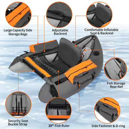 Xproutdoor Fishing Float Tube with Adjustable Backpack Straps, Storage Pockets, Fish Ruler, Fly Fishing Boat with Pump, Oar, Rod Holder and Mount, Fins, 350LBS Load Bearing Capacity, FT003,Grey