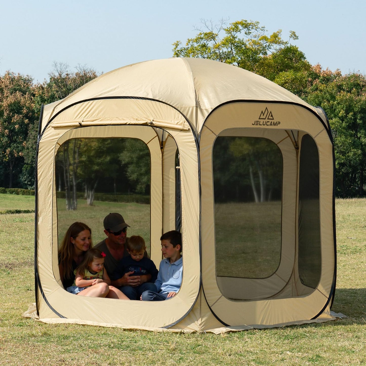 JELUCAMP 10x10 FT Pop Up Screen House Tent - Instant Screened Gazebo Canopy with Mosquito Net, Portable Backyard Tent for 4-6 People, Easy Setup Patio Shelter for Camping, BBQ, Sports & Outdoor