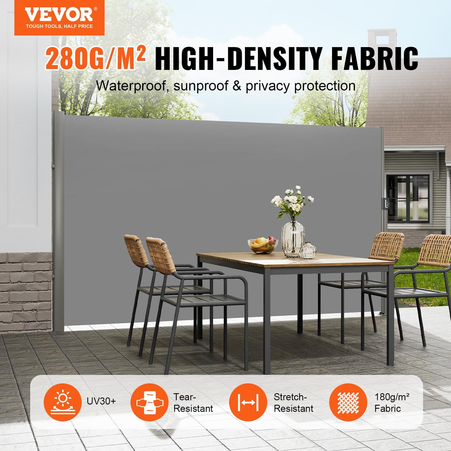 VEVOR Retractable Side Awning, UV 50 71''x118'' Full Aluminum Rust-Proof Outdoor Privacy Screen, 280 g Thicken Folding Room Divider Fence & Wind Screen for Backyard, Balcony, Roof Terraces, Grey