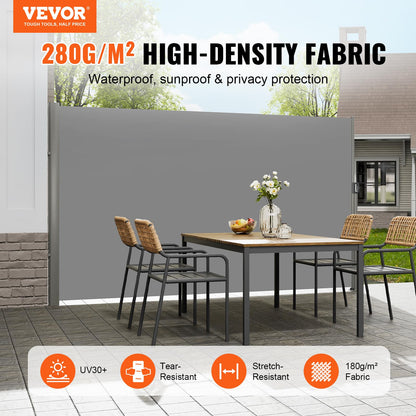 VEVOR Retractable Side Awning, UV 50 71''x118'' Full Aluminum Rust-Proof Outdoor Privacy Screen, 280 g Thicken Folding Room Divider Fence & Wind Screen for Backyard, Balcony, Roof Terraces, Grey
