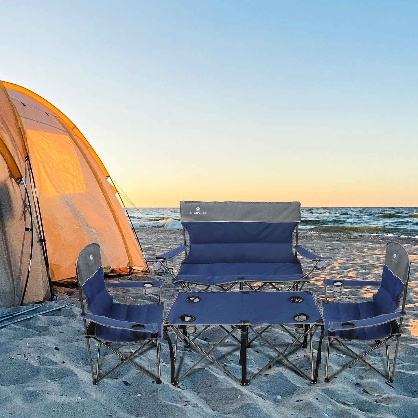 CAMPHILL Camping Chair Set of 4, Outdoor Folding Camping Chairs with Table Heavy Duty Lawn Chair with Cup Holder,Collapsible Chair Include One Sofa Chair and Two Single Chairs and Camping Table