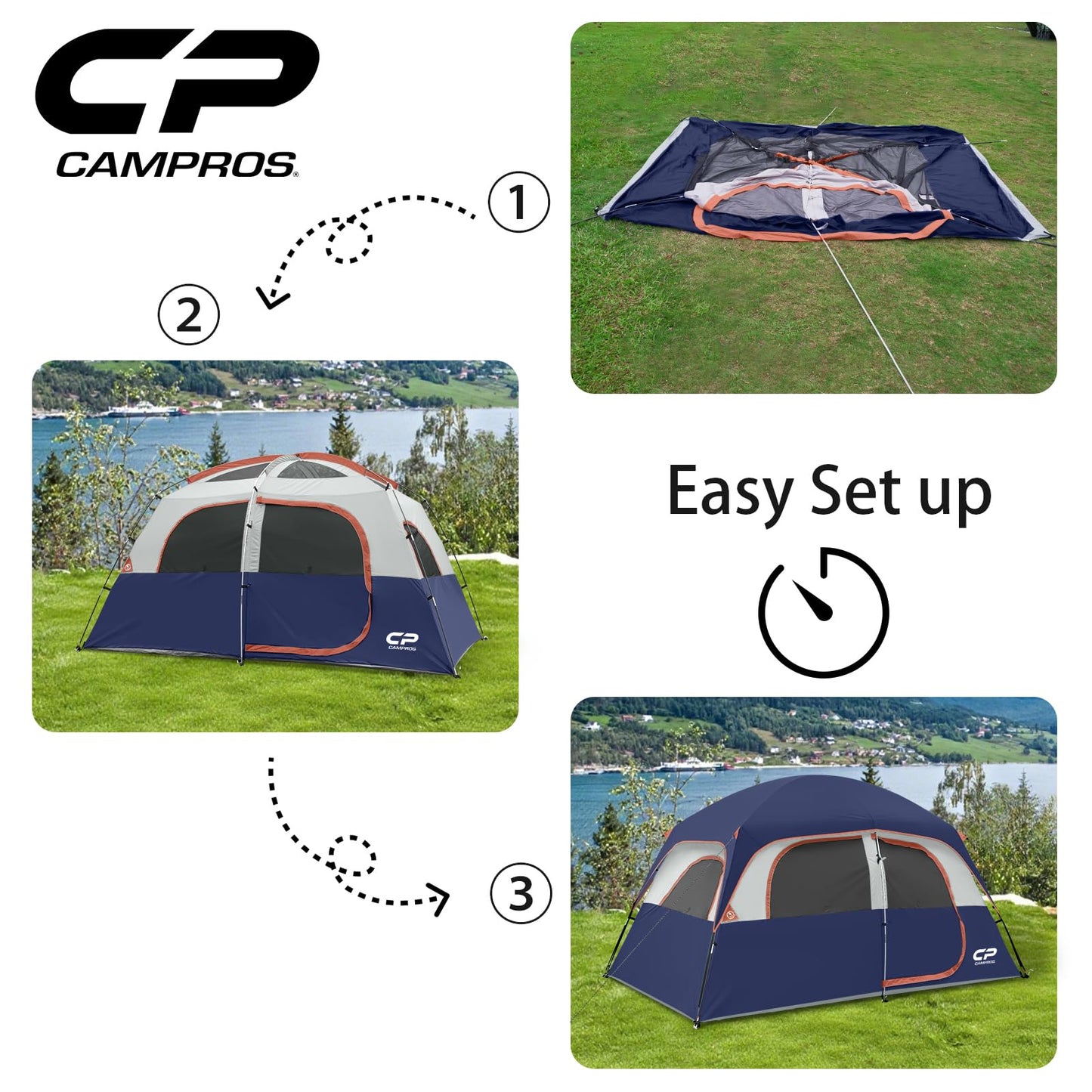 CAMPROS CP Tent-6-Person-Camping-Tents, Waterproof Windproof Family Tent with Top Rainfly, 4 Large Mesh Windows, Double Layer, Easy Set Up, Portable with Carry Bag (Navy Blue)