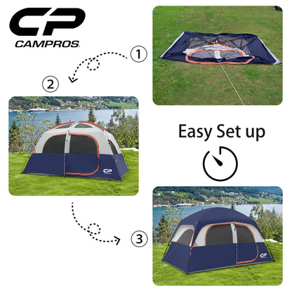 CAMPROS CP Tent-6-Person-Camping-Tents, Waterproof Windproof Family Tent with Top Rainfly, 4 Large Mesh Windows, Double Layer, Easy Set Up, Portable with Carry Bag (Navy Blue)