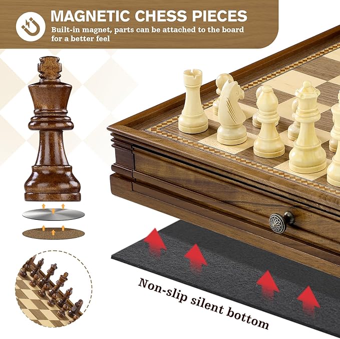 Peradix Magnetic Chess Checkers Board Sets with 2 Built-in Storage Drawers12.8 Classic 2 in 1 Wooden Games with 2 Extra Queens for Kids and AdultsTravel Portable Chess Game Set