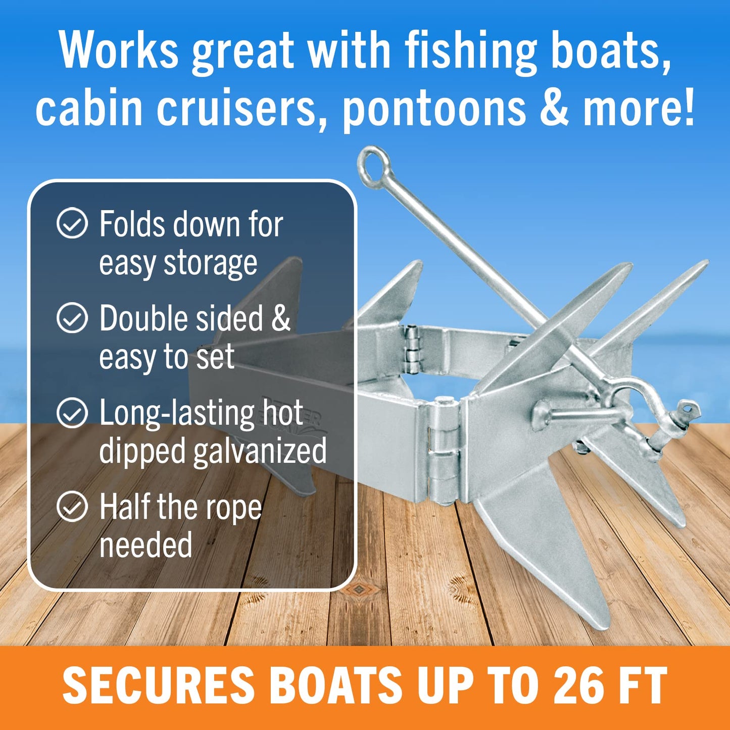 Better Boat 19lb Box Anchor for Boats up to 30ft, Folding Boat Anchor Hot Dip Galvanized, Double Sided Slide Anchor for Pontoon Cabin Cruiser and Fishing Boats