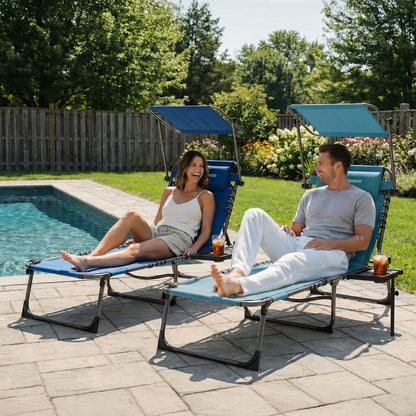 FUNDANGO 400lbs Tanning Chair with Face Hole & Canopy & Side Table, 5 Positions Beach Sunbathing Lounge Chair Facedown Chaise Lounge with Pillow for Pool Outdoor Camping Patio, Set of 2 Cyan