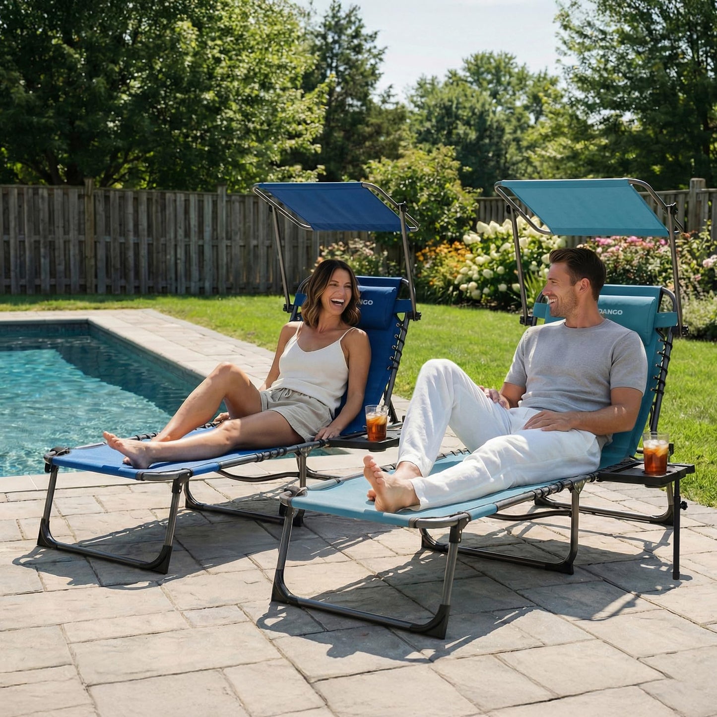 FUNDANGO Heavy Duty Tanning Chair with Face Hole & Canopy, 400lbs Beach Lounge Chair with Side Table, 5-Position Sun Lounger for Outdoor Patio Pool-Face Down Chaise with Anti-Pinch Safety Lock,Cyan