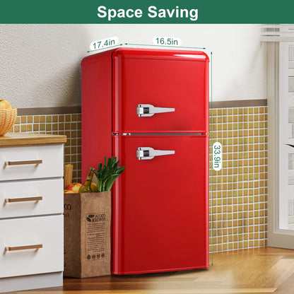 rosmena Retro Fridge with Freezer, 3.5 Cu. Ft. Mini Fridge, Small Refrigerator with 7-Level Adjustable Thermostat, Retro Compact Refrigerator 2-Door Fridges for Apartment/Dorm/Office/RV, Red