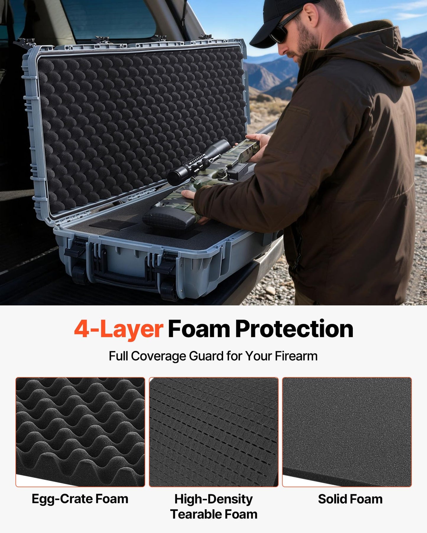 VEVOR Rifle Case, Hard Rifle Case with 4 Layers Fully-protective Foams, 52 inch Lockable Long Storage Case with Wheels, IP67 Waterproof & Dustproof, Grey