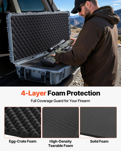 VEVOR Rifle Case, Hard Rifle Case with 4 Layers Fully-protective Foams, 52 inch Lockable Long Storage Case with Wheels, IP67 Waterproof & Dustproof, Grey
