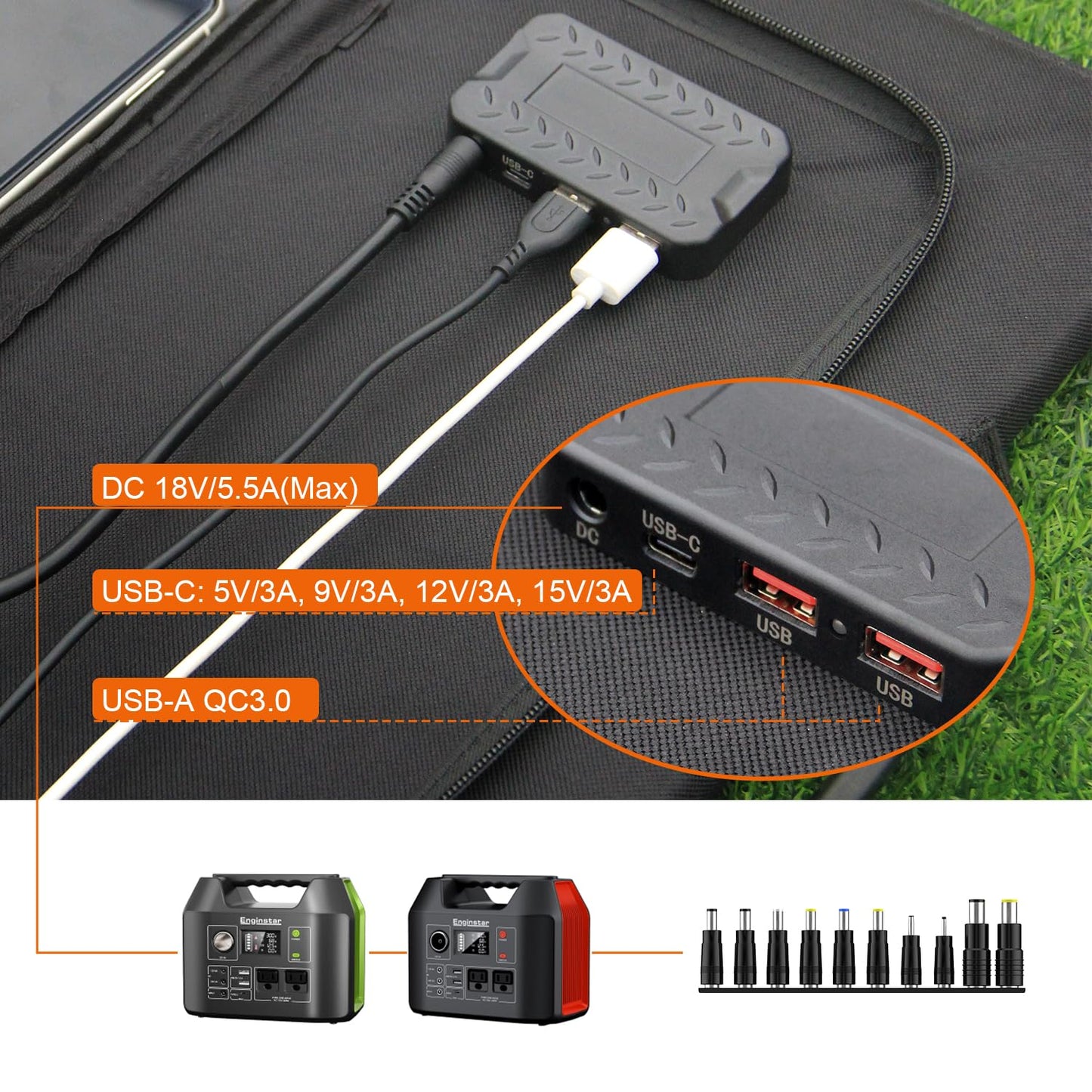 EnginStar 100W Foldable Solar Panel Charger with 18V DC Outlet for Portable Power Stations Jackery/Rockpals/Flashfish, Portable Solar Generator with USB-A USB-C QC 3.0 for Outdoor Camping Van RV Trip