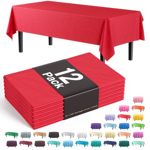 Exquisite 12-Pack Premium Plastic Tablecloth 12-Pack Premium Plastic Tablecloth 54in. x 108in. Rectangle Table Cover - Red