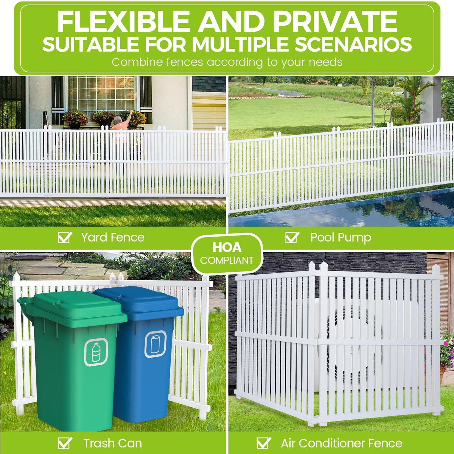 WEEDING Air Conditioner Fence 48" W X 48" H Trash Can Fence Pool Equipment Enclosure Vinyl Privacy Fence Outdoor No Dig Privacy Fence 3 Panels with Metal Stake, White