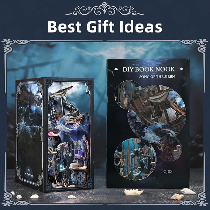 Book Nook Kit DIY Doll House Booknook Miniature Kit for Bookshelf Doll Houses for Adults Teen Halloween 3D Wooden Puzzle Bookends with Led Light and Dust Cover (Sirens Song)