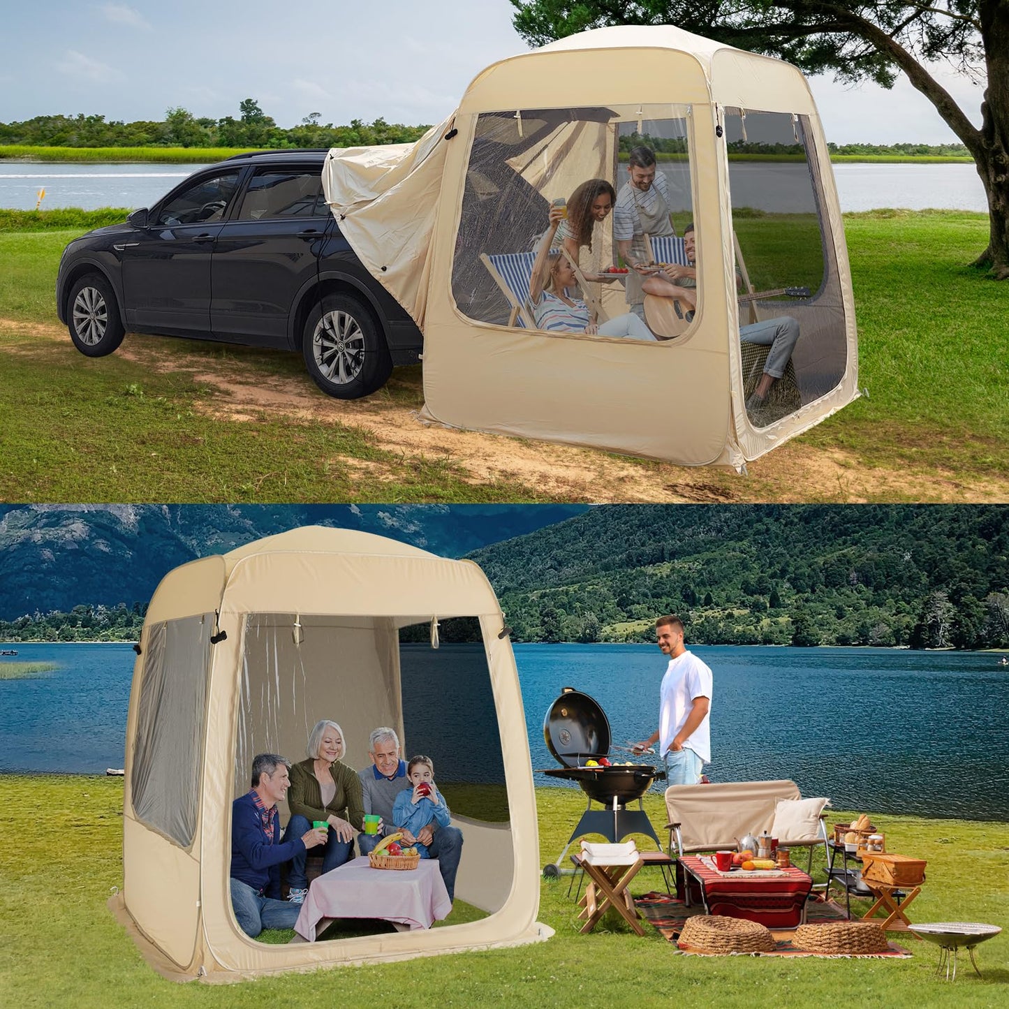 EighteenTek SUV Tent Attachment for Camping with Mesh Walls and PVC - 5 Person Car Cabana - All Weather Proof Pod Shelter Pop Up Clear View Tailgate Tent for Car SUV Van, 7’X7’X7.2’H