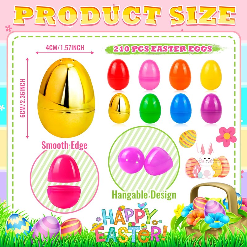 OCTERIC 210Pcs Easter Eggs, 2.3" Fillable Colorful Mix Gold Plastic Easter Eggs Empty for Easter Hunt, Easter Basket Stuffers, Party Favor, Classroom Prize Supplies