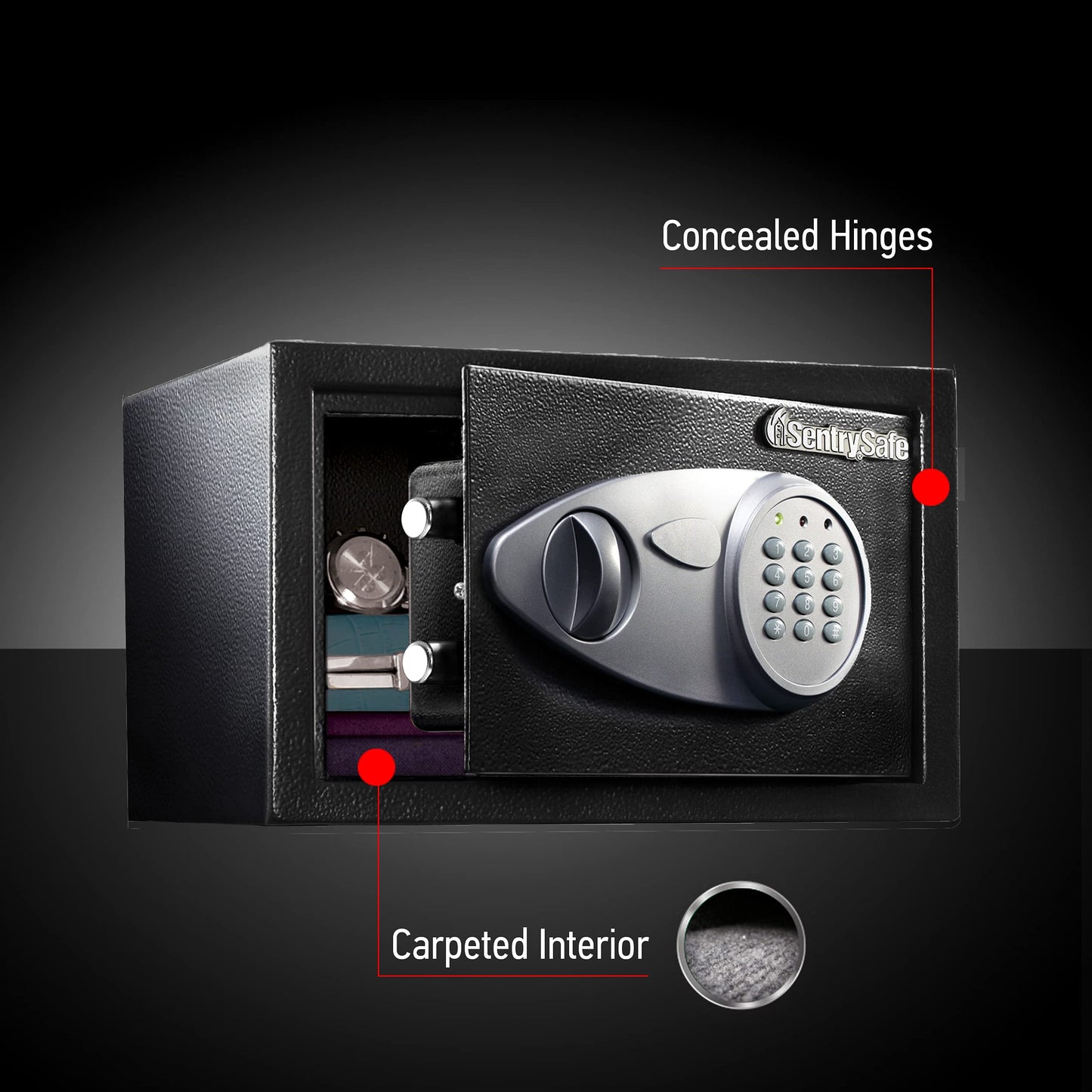 SentrySafe Safe with Digital Keypad Lock, Steel Safe with Interior Lining and Bolt Down Kit for Money, Jewelry, Electronics, 0.58 Cubic Feet, 8.7 x 13.8 x 9.7 Inches, X055
