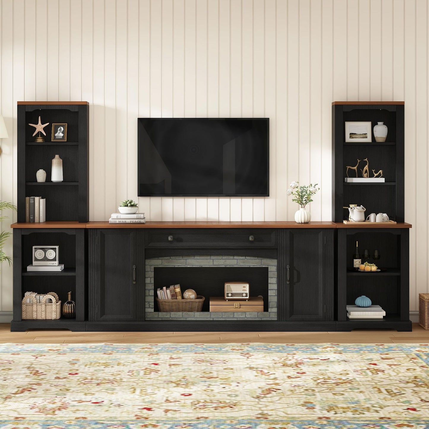 Merax 3-Piece TV Stand Set for TVs up to 70", Farmhouse Entertainment Center with Curved Side Cabinets & Bookshelves, Modular Storage Unit with Drawer and Adjustable Shelves for Living Room, Black
