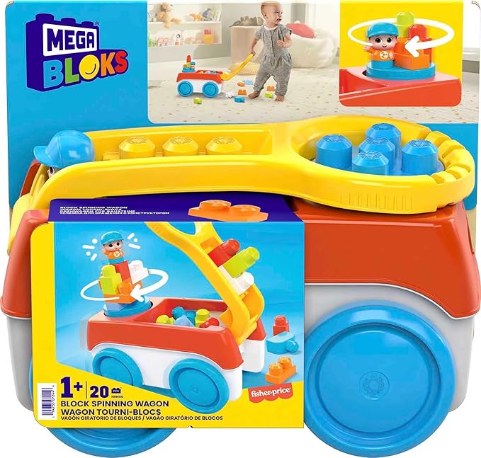 Mega Bloks First Builders Toddler Building Toy Set Block Spinning Wagon with 20 Pieces and Storage 1 Figure Ages 1+ Years