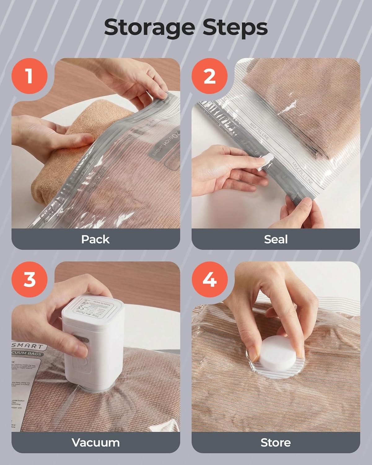 BAGSMART Vacuum Bags - Portable Space Saver with Rechargeable Air Pump | 18-Pack Gray for Travel & Home