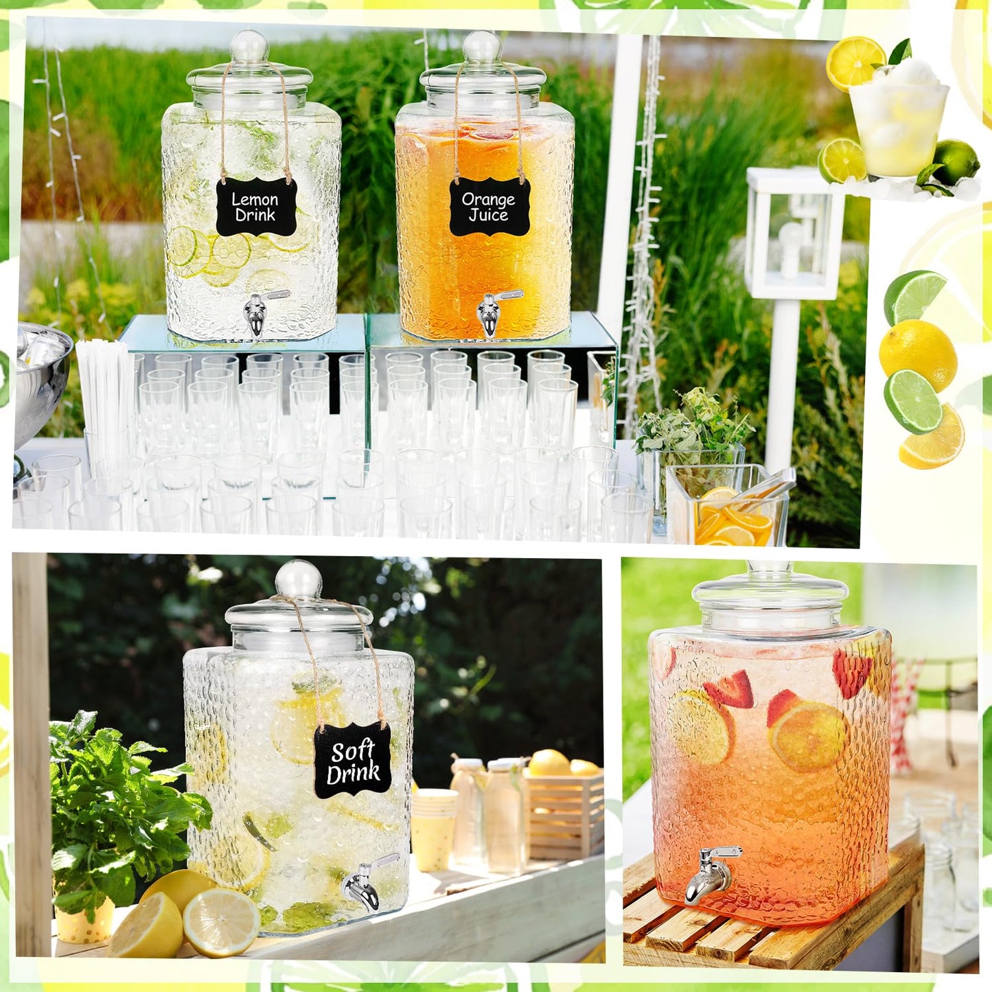 FULJOOY 2 Pack 4.6 Gallon Glass Water Dispenser with Lids Stainless Steel Spigot Hammered Clear Drink Beverage Dispenser Water Jug Container for Lemonade Water Juice Iced Tea Party Wedding Kitchen