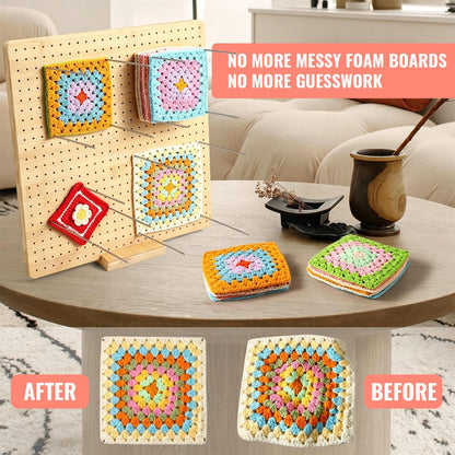 9x9 Inch Crochet Blocking Board, Bamboo Granny Square Blocking Mat with 12 Stainless Steel Pegs, Wooden Base and 5 Yarn Needles, Gifts for Crocheters