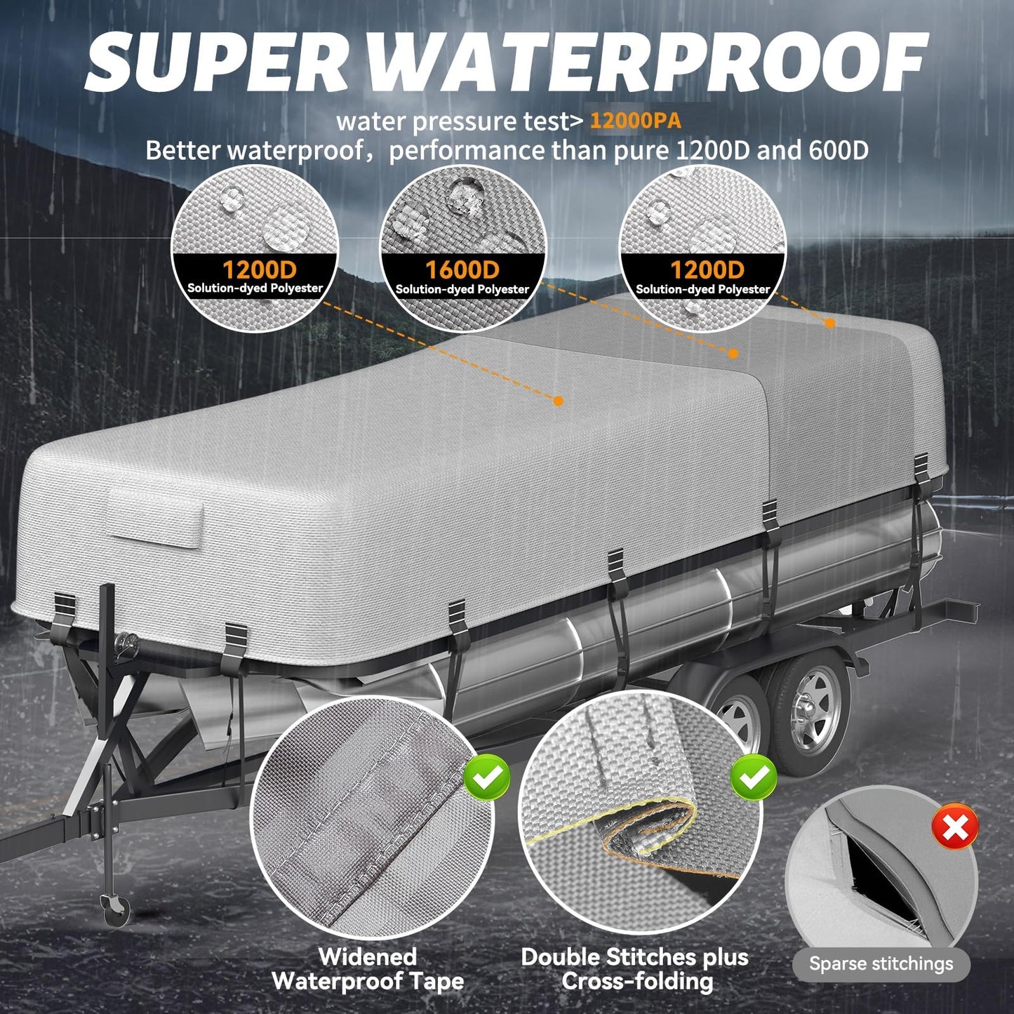 5-Ply 1600D+1200D Pontoon Boat Cover - Fully Waterproof & Ultra-Durable Tear-Resistant, with Large Storage Bag & Reinforced Windproof Straps (Fits 21'-24' Length, Up to 102" Beam Width)