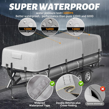 5-Ply 1600D+1200D Pontoon Boat Cover - Fully Waterproof & Ultra-Durable Tear-Resistant, with Large Storage Bag & Reinforced Windproof Straps (Fits 21'-24' Length, Up to 102" Beam Width)
