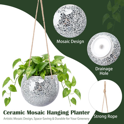Chonsun Hanging Planter Mosaic Garden Pot Small Flower Pot for Indoor Plant Disco Ball Hanging Planter with Drainage Sliver
