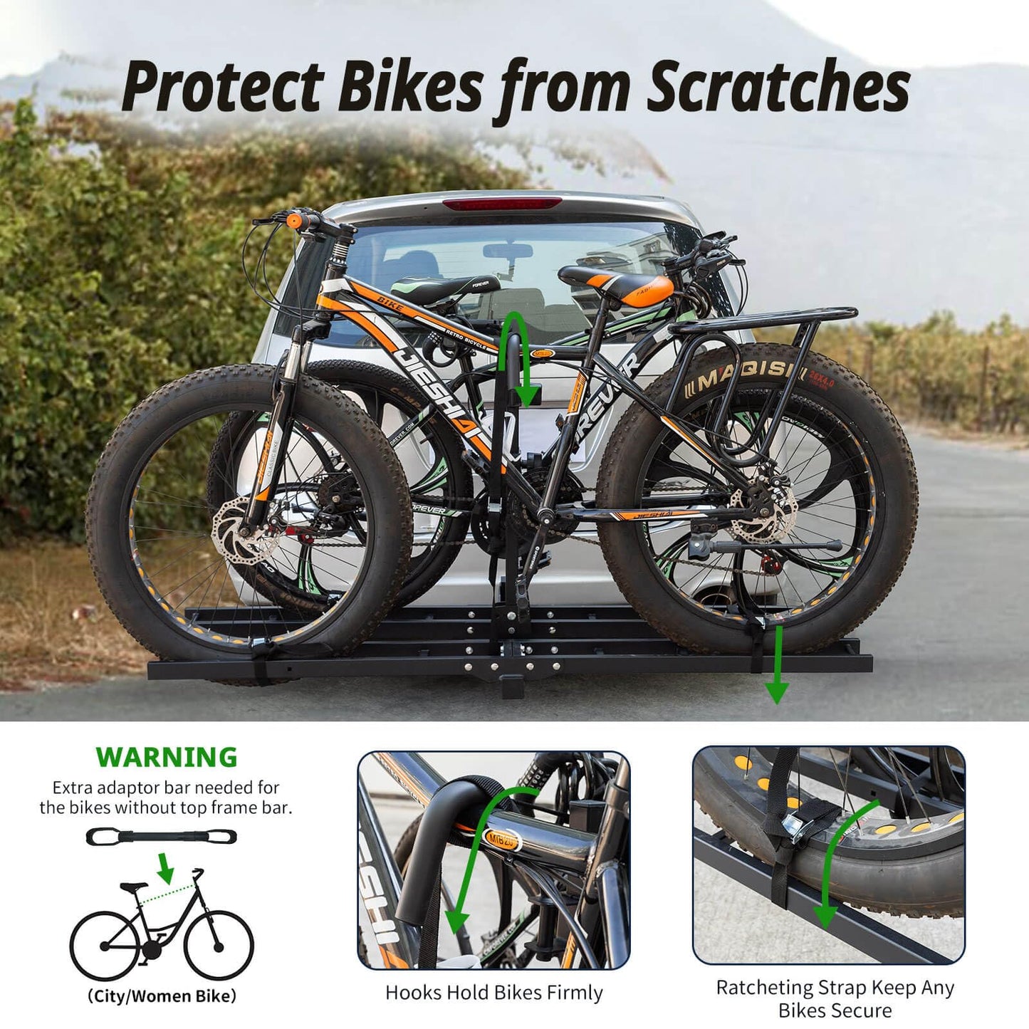 Bike Rack Hitch Mount with Ramp for 2 Bikes – Platform Ebike Rack with Anti-Theft Lock Fits Fat Tires up to 220 lbs – Foldable & Tilt Electric Bike Rack for SUV, Truck, RV – 2'' Hitch Receiver