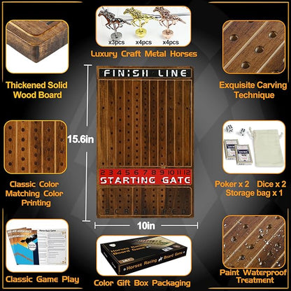 Horse Race Board Game Racing Game Thickened Solid Wood with 11 Luxurious Durable Classic Metal Horses with 2 Dice and 2 Boxes of Cards Horse Racing Game (Rustic Brown Rectangle)