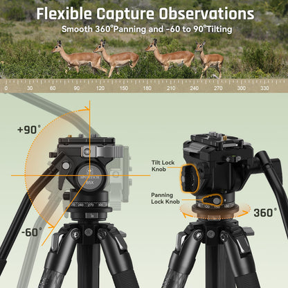 SPORTICH SP124+BX5 Optics Carbon Fiber Tripod with Fluid Pan Head, 62.2" Travel Tripod with Center Column, Binocular Adapter, for Binoculars, Spotting Scopes, Cameras, Max Load 26lbs