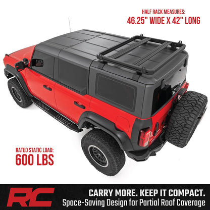 Rough Country Half Roof Rack for Ford Bronco 4-Door (2021–2026) - Aluminum Cargo Carrier with T-Slot Crossbars, 600 lb Load, Overland Roof Storage