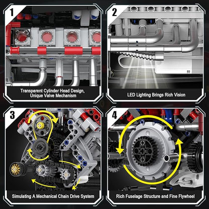 HIGH GODO Ideas V8 Engine Building Kit That Works Build Your Own MOC Mini V8 Engine Model Toy for Display STEM Toys Gifts for Teens Adults 14+ (700 PCS)