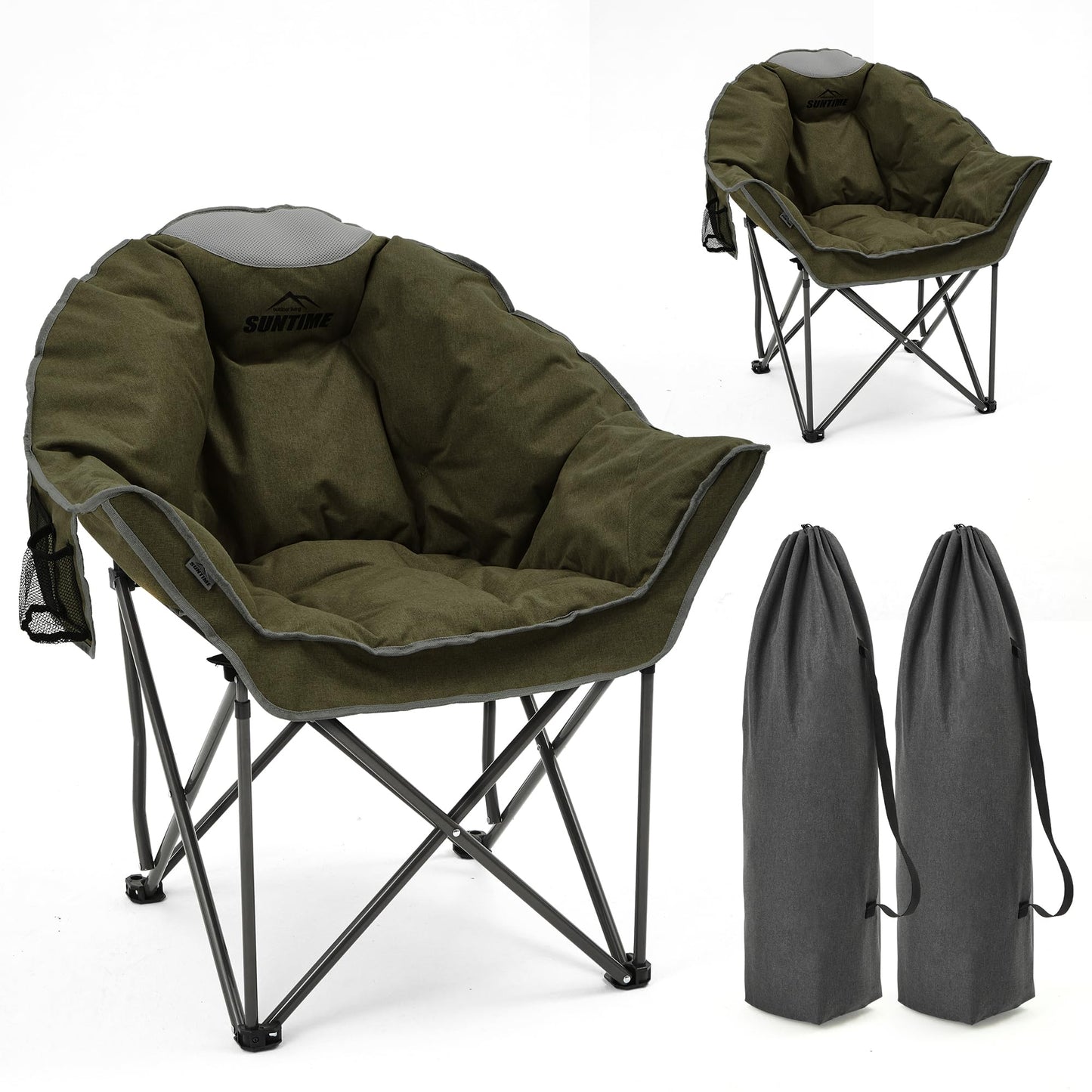 Oversized Padded Comfy Camping Chair for Adults, Portable Padded Lawn Chair, Weight Capacity 400 LBS, Heavy Duty Moon Leisure Folding Chair for Camping, Hiking, Carry Bag, Army Green (2 Pack)